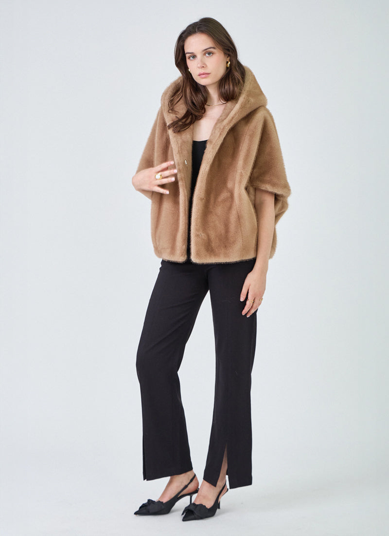 Leonie Faux Fur 3/4 Sleeve Hooded Cape