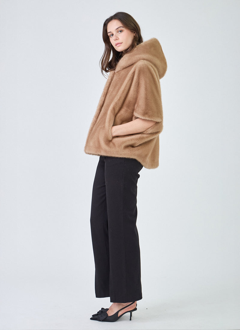 Leonie Faux Fur 3/4 Sleeve Hooded Cape
