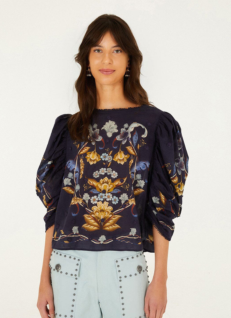 Golden Nature Printed 3/4 Puff Sleeve Blouse