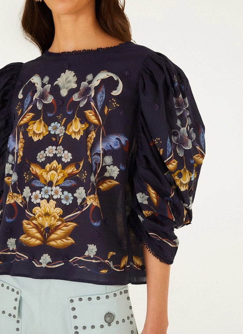 Golden Nature Printed 3/4 Puff Sleeve Blouse