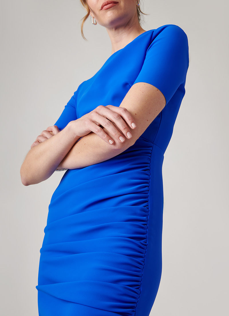Greta Constatine Rious Ruched Short Sleeve Midi Dress