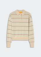 A beige and brown striped knit polo sweater with a collar and three-button placket, displayed flat against a light gray background.