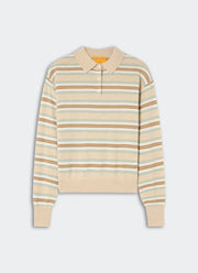 A beige and brown striped knit polo sweater with a collar and three-button placket, displayed flat against a light gray background.