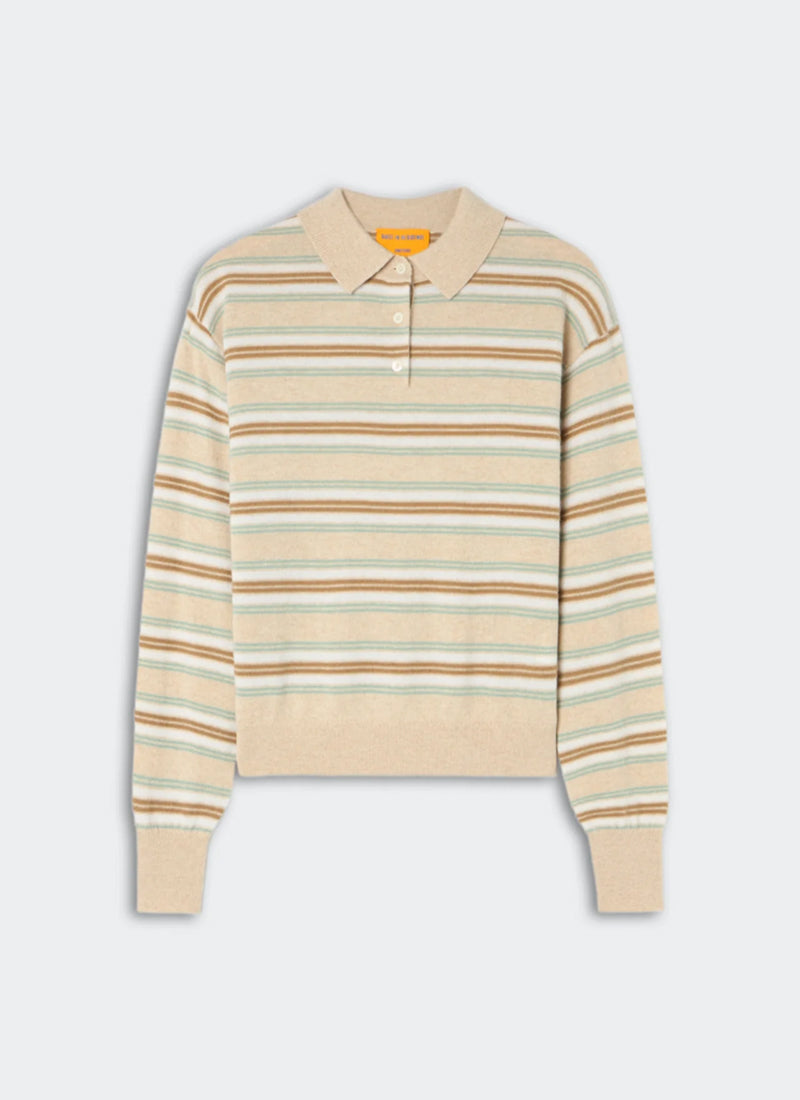 A beige and brown striped knit polo sweater with a collar and three-button placket, displayed flat against a light gray background.