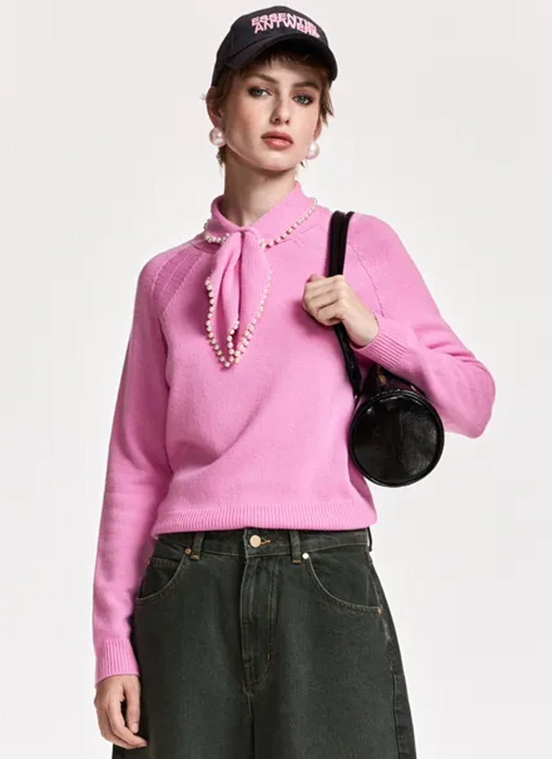 Kasa Pearl-Embellished Bow Collar Pullover