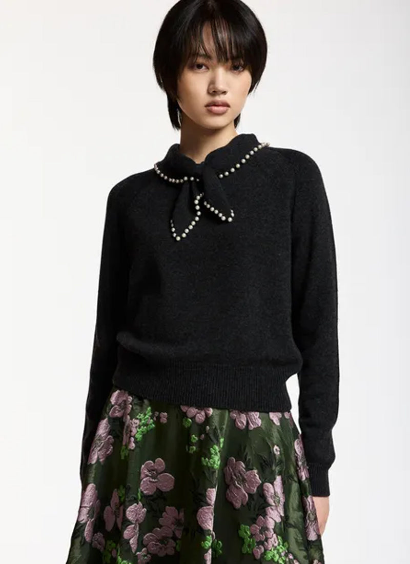 Kasa Pearl-Embellished Bow Collar Pullover