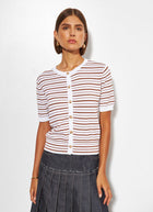 Line Kitty Stripe Button Up Short Sleeve Sweater