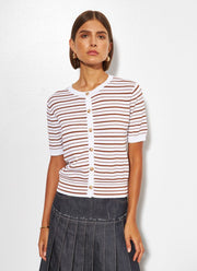 Line Kitty Stripe Button Up Short Sleeve Sweater