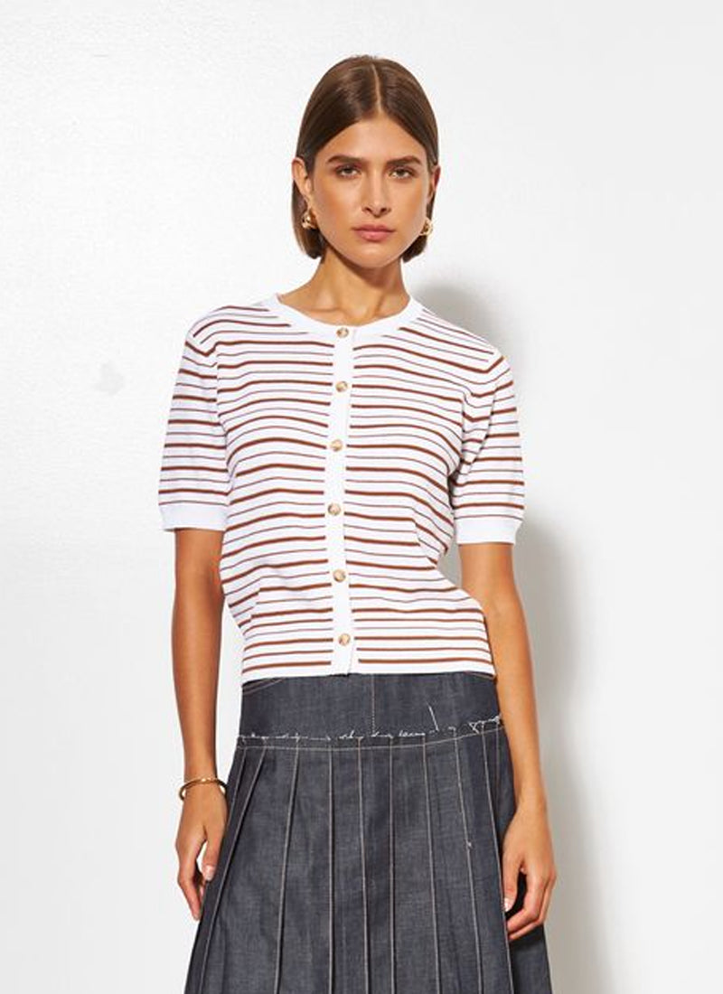 Line Kitty Stripe Button Up Short Sleeve Sweater