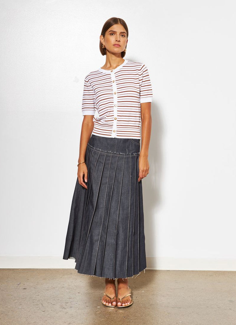 Kitty Stripe Button Up Short Sleeve Sweater