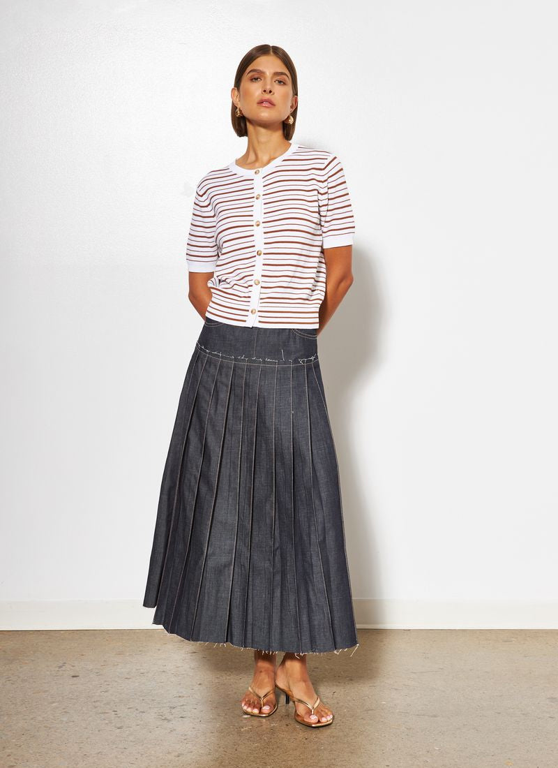 Kitty Stripe Button Up Short Sleeve Sweater