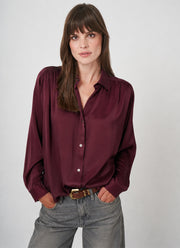 Long Sleeve Shirred Back Silk Blouse