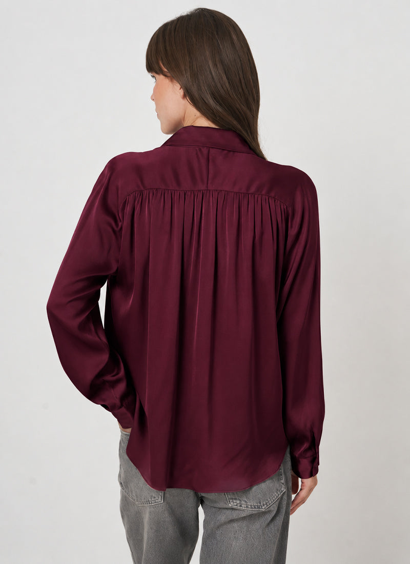 Long Sleeve Shirred Back Silk Blouse