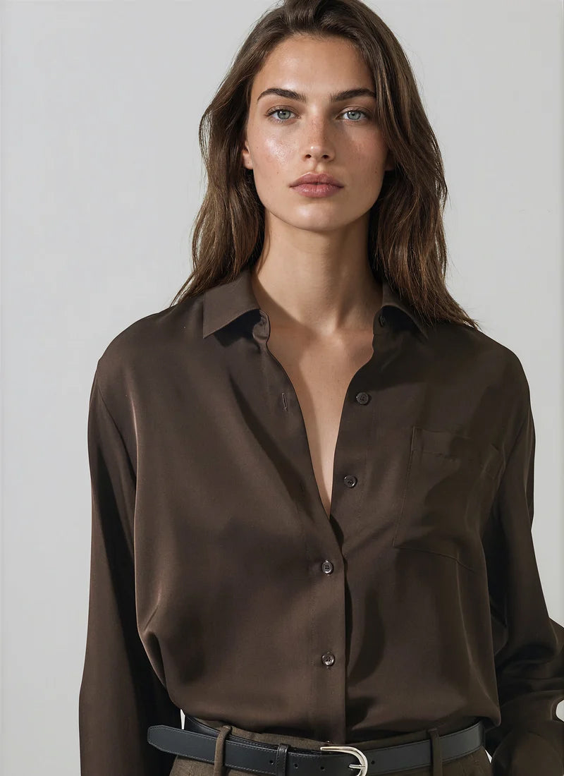 Patrick Assaraf Long Sleeve Silk Boyfriend Pocket Shirt