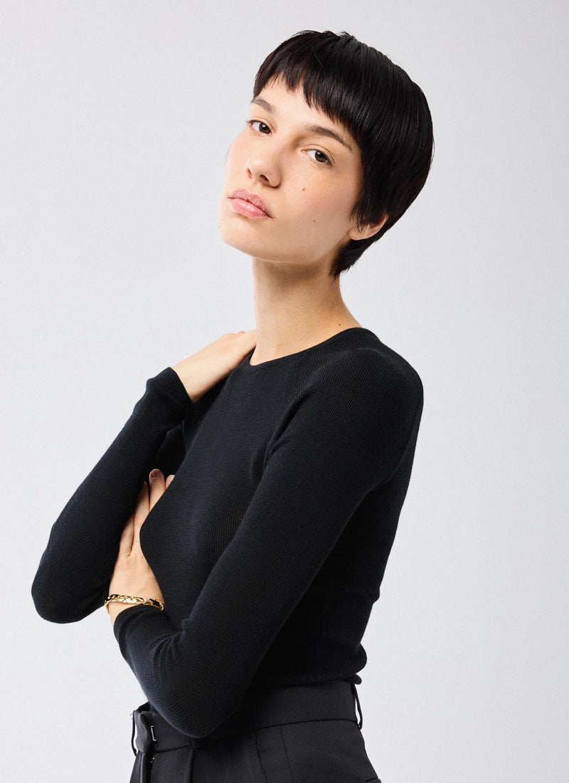  Merino Silk Micro Rib Long Sleeve Crewneck Sweater by Majestic at Andrews 