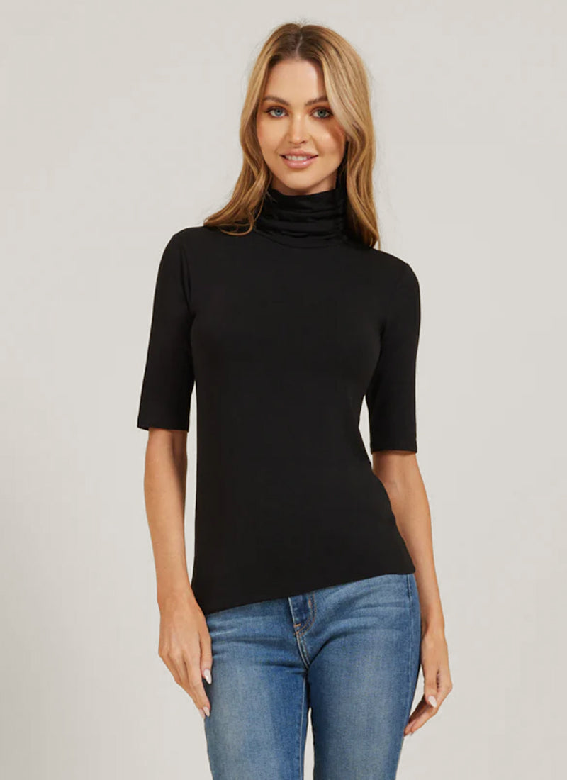 Merino Silk Micro Rib Elbow Sleeve Turtleneck Sweater