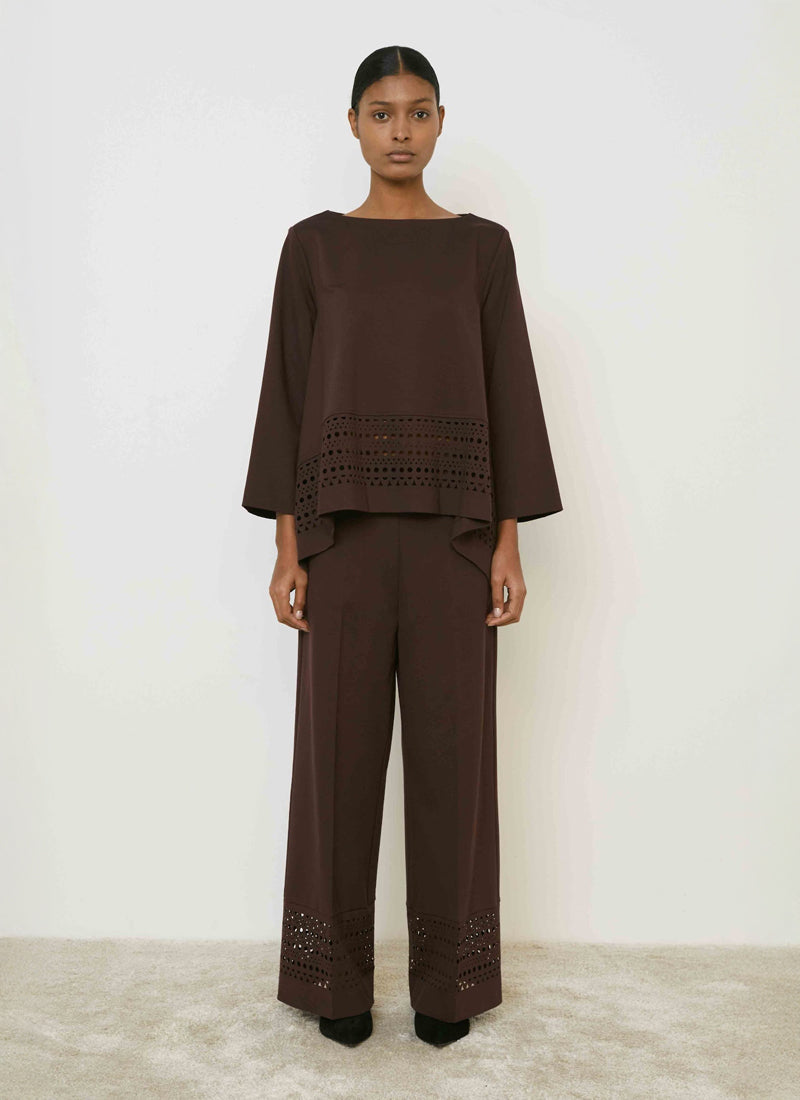 MEIMEIJ Open Neck Flowy Laser Cut Trim Top