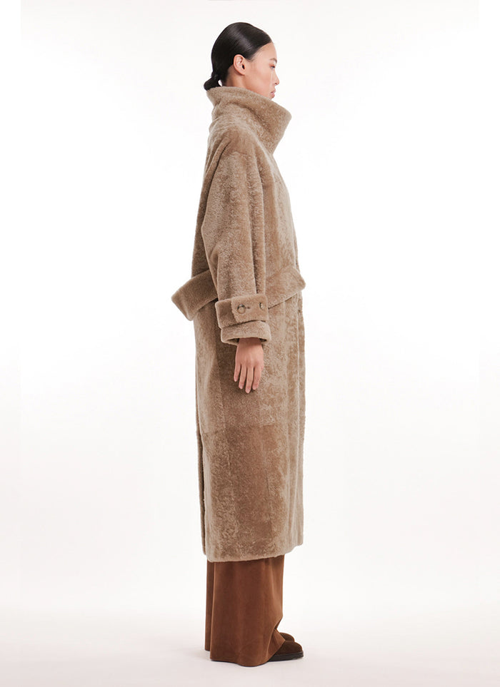 Merino Shearling Long High Neck Coat