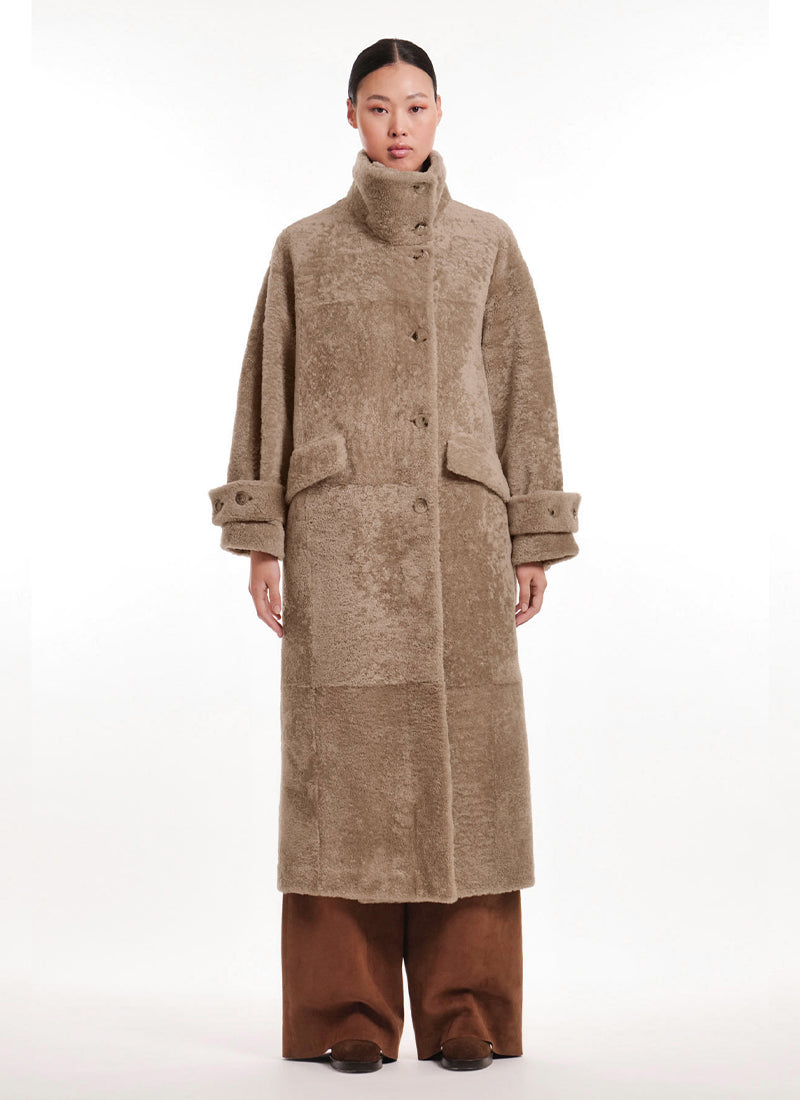 Merino Shearling Long High Neck Coat