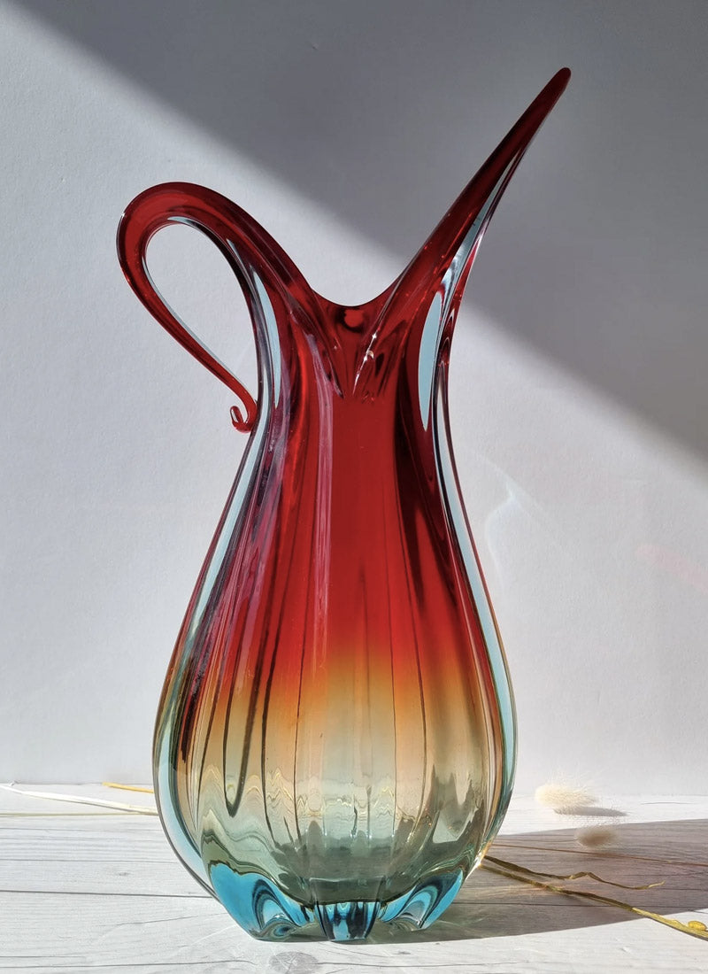 Haute Curature Murano Handblown Venetian Art Glass Ribbed Ruby Red, Amber and Ice Palette Jug Vase, 1960s
