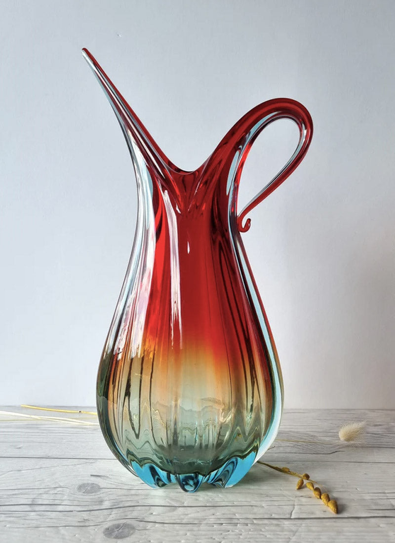 Haute Curature Murano Handblown Venetian Art Glass Ribbed Ruby Red, Amber and Ice Palette Jug Vase, 1960s