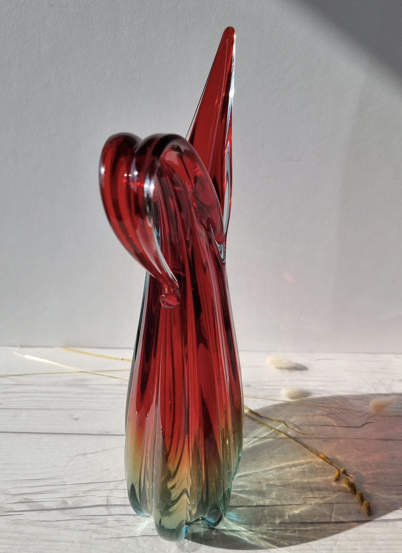 Haute Curature Murano Handblown Venetian Art Glass Ribbed Ruby Red, Amber and Ice Palette Jug Vase, 1960s
