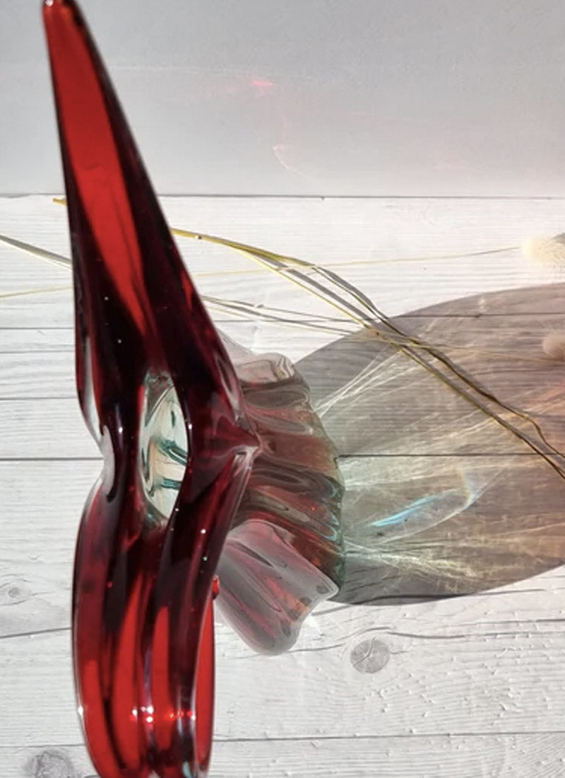 Haute Curature Murano Handblown Venetian Art Glass Ribbed Ruby Red, Amber and Ice Palette Jug Vase, 1960s
