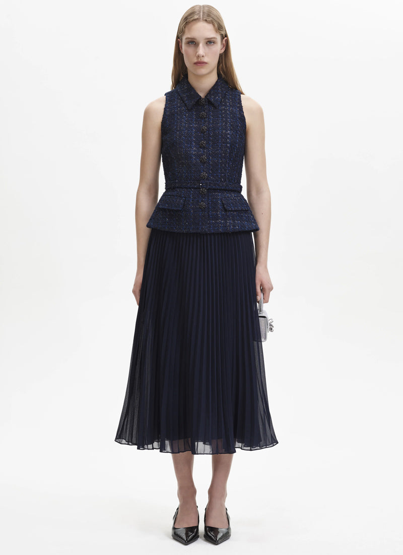 Self-Portrait Bouclé Chiffon Midi Dress