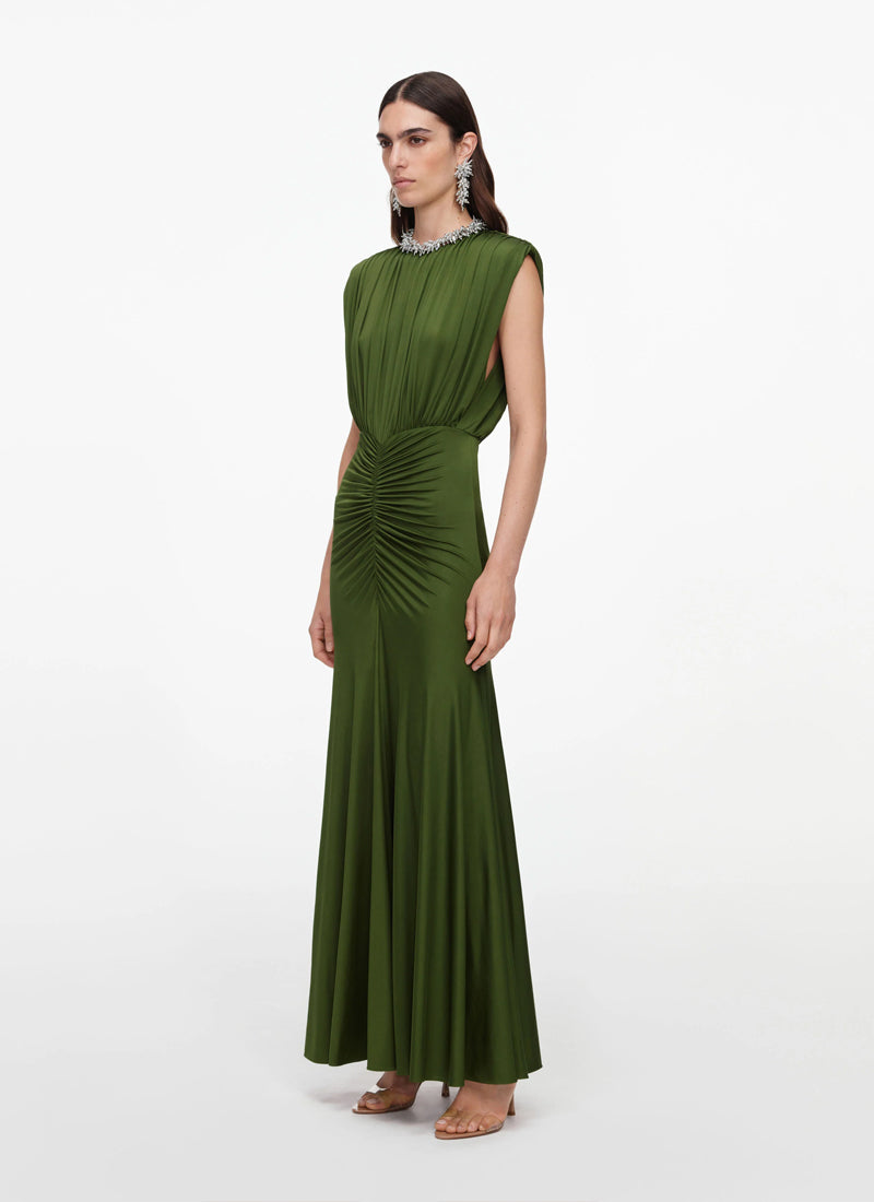  Olive Jersey Gathered Maxi Dress by Self Portrait at Andrews 