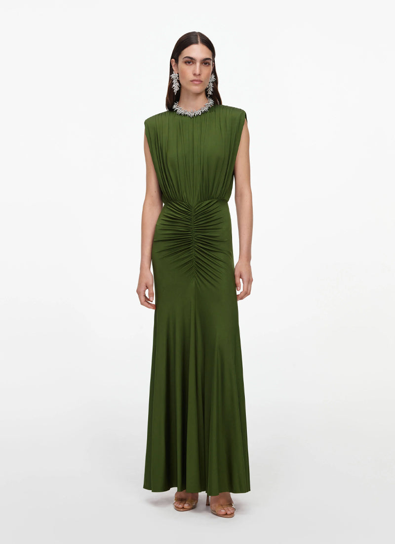  Olive Jersey Gathered Maxi Dress by Self Portrait at Andrews 