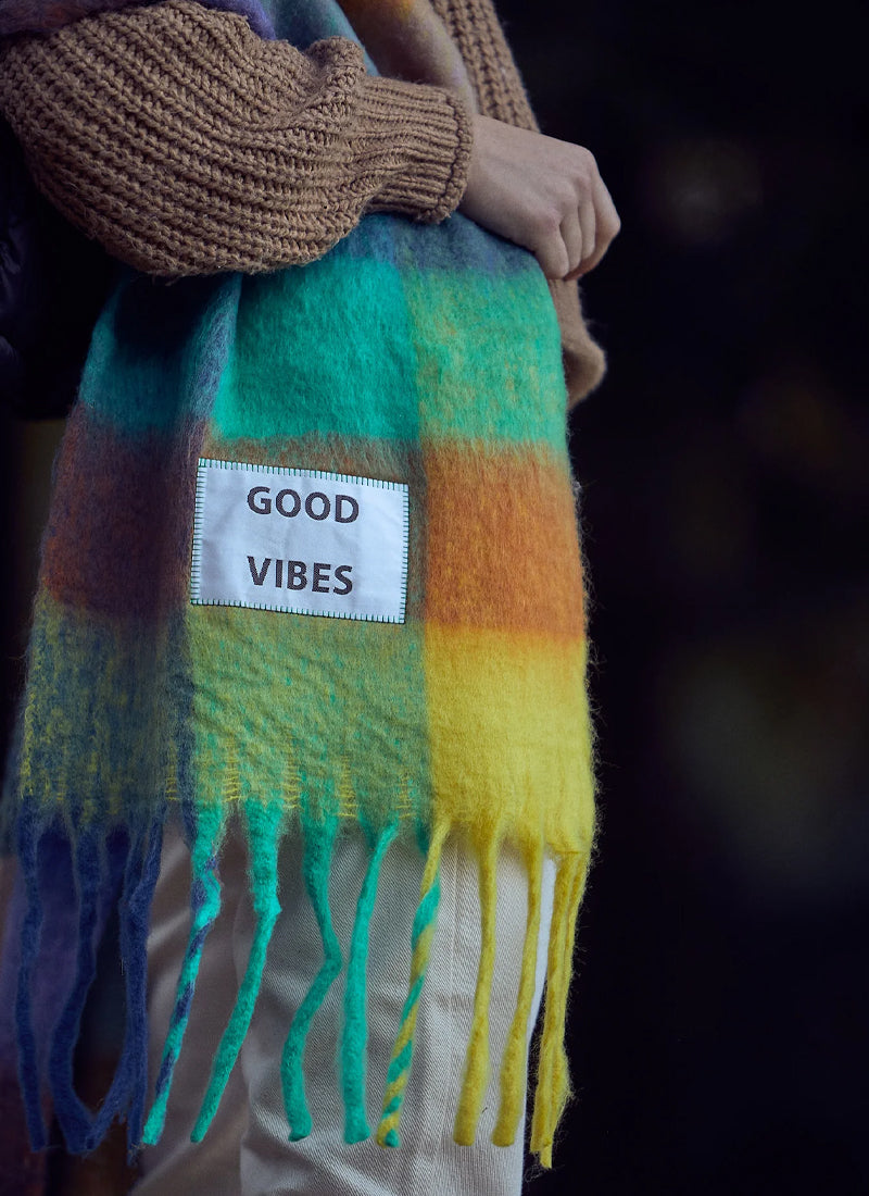 Good Vbes Check Fringe Scarf