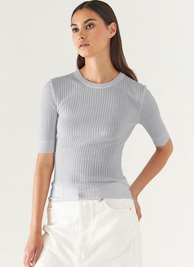 Patrick Assaraf Short-Sleeve Cotton Cupro Rib Crewneck Sweater