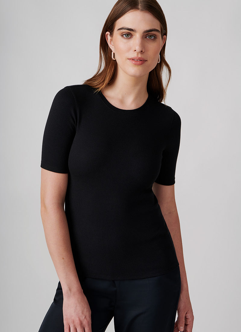 Patrick Assaraf Short-Sleeve Cotton-Modal Rib Crewneck Top