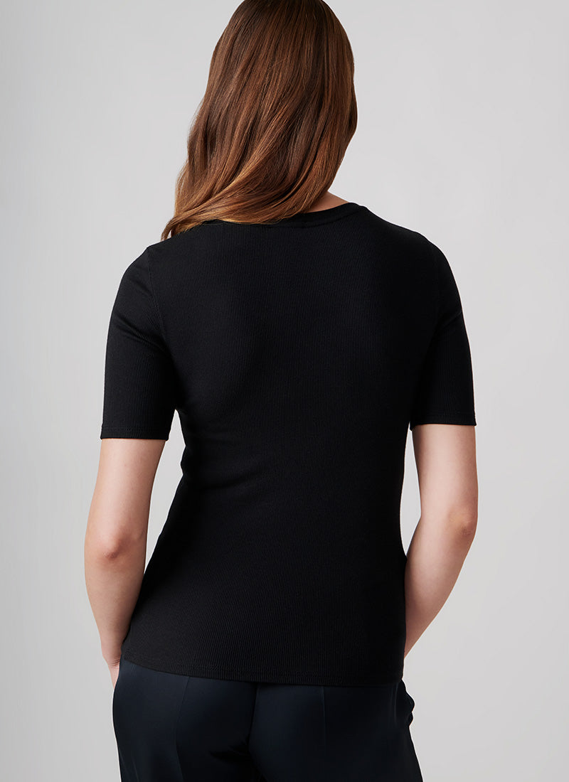 Patrick Assaraf Short-Sleeve Cotton-Modal Rib Crewneck Top