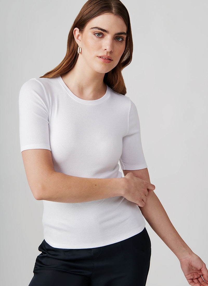 Patrick Assaraf Short-Sleeve Cotton-Modal Rib Crewneck Top