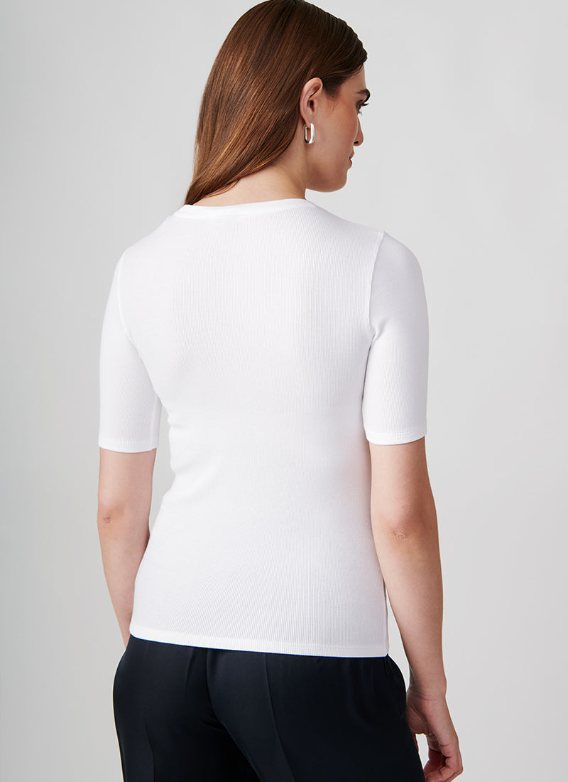 Patrick Assaraf Short-Sleeve Cotton-Modal Rib Crewneck Top