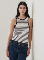 Patrick Assaraf Pima Cotton Stretch Striped Ribbed High Crew Tank
