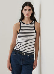 Patrick Assaraf Pima Cotton Stretch Striped Ribbed High Crew Tank