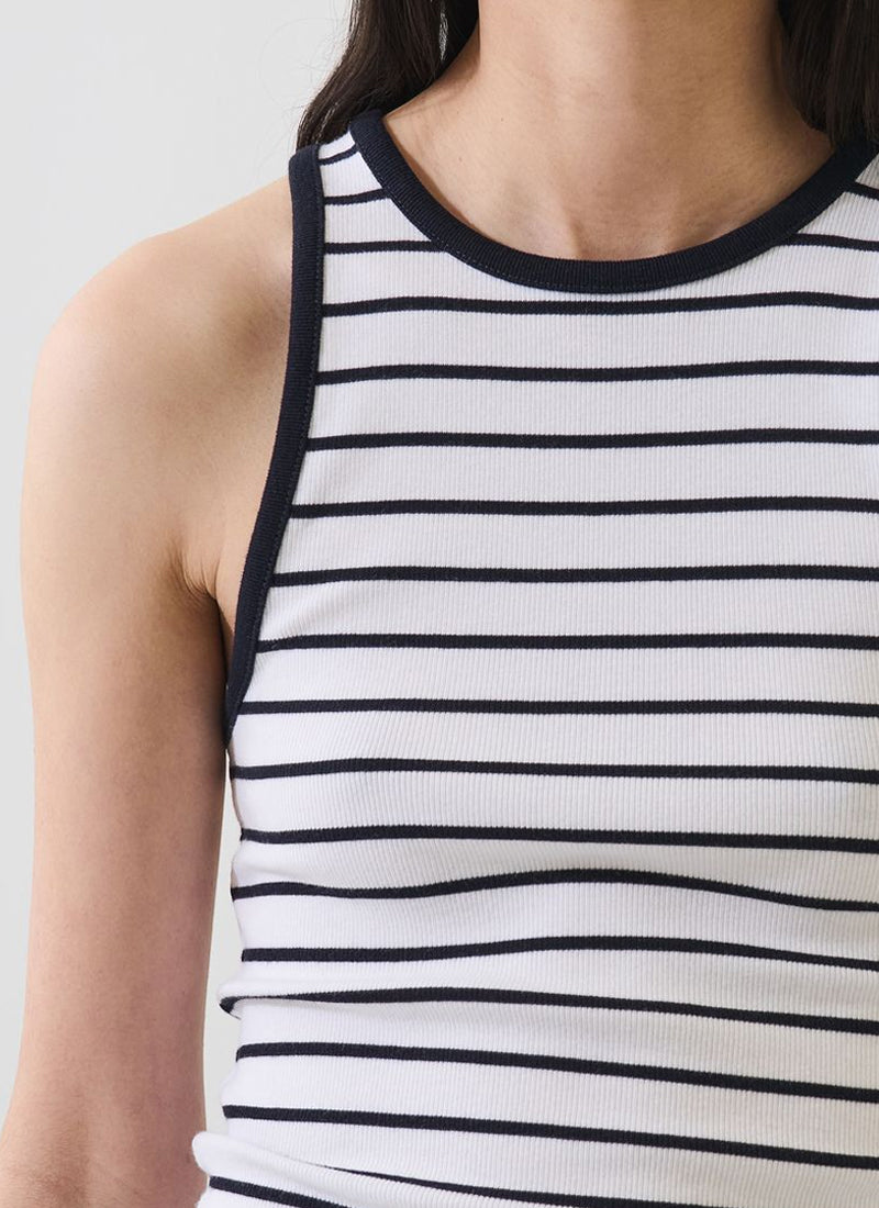 Patrick Assaraf Pima Cotton Stretch Striped Ribbed High Crew Tank
