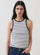 Patrick Assaraf Pima Cotton Stretch Striped Ribbed High Crew Tank