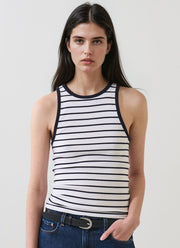 Patrick Assaraf Pima Cotton Stretch Striped Ribbed High Crew Tank