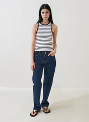 Patrick Assaraf Pima Cotton Stretch Striped Ribbed High Crew Tank