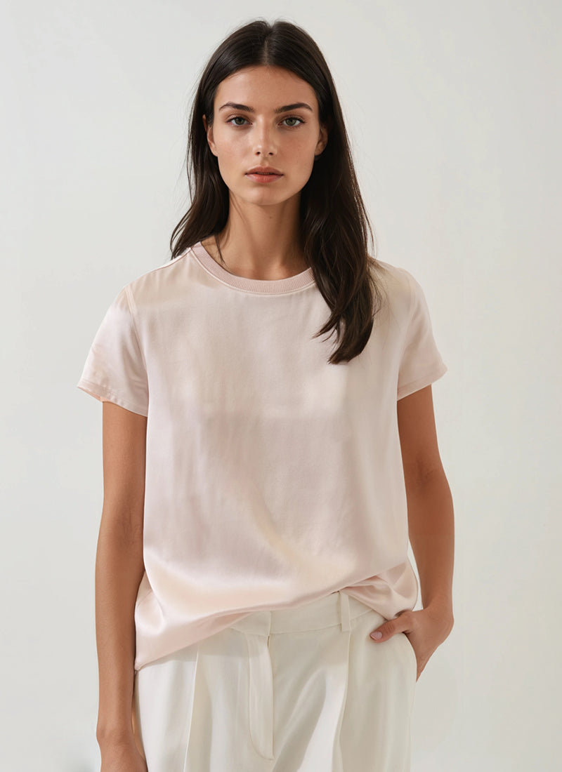 Patrick Assaraf Short Sleeve Silk Satin Crew Neck Tee