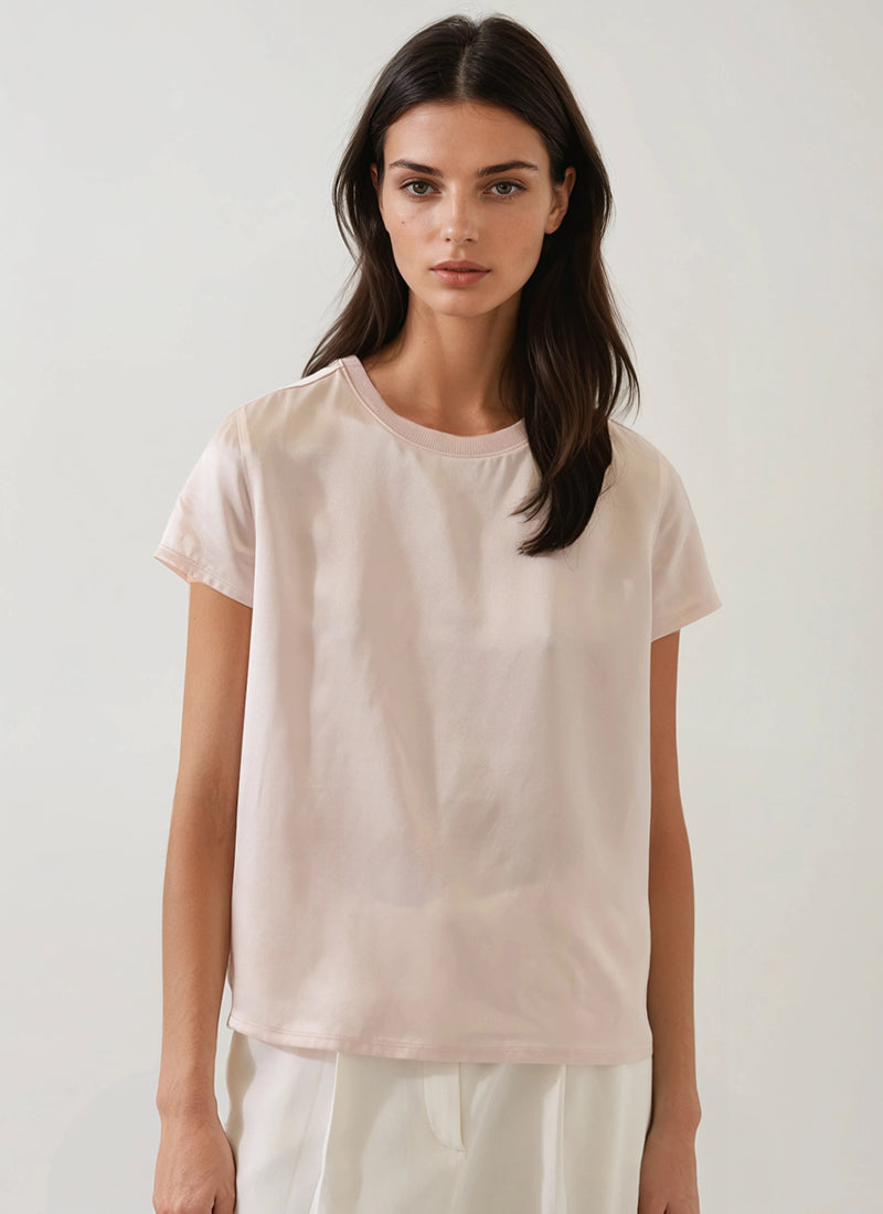 Patrick Assaraf Short Sleeve Silk Satin Crew Neck Tee