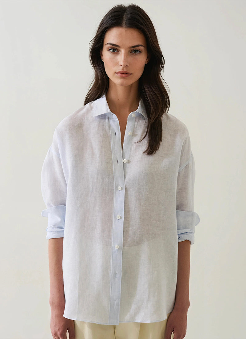 Patrick Assaraf Linen Stripe Boyfriend Shirt