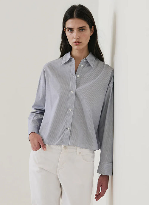 Patrick Assaraf Long Sleeve Cotton Stripe Boxy Shirt