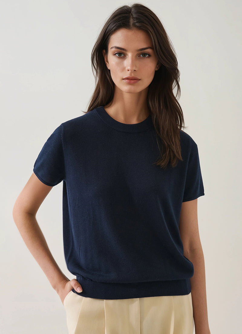 Patrick Assaraf Short Sleeve Lyocell Cashmere Crew Knit