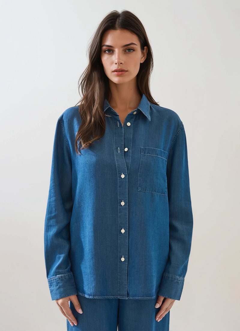 Patrick Assaraf Long Sleeve Tencel Stonewash Boyfriend Pocket Shirt
