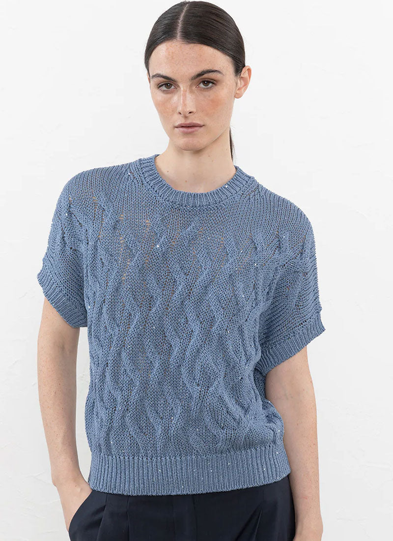 Peserico Short-Sleeve Cotton Sweater with Sequins