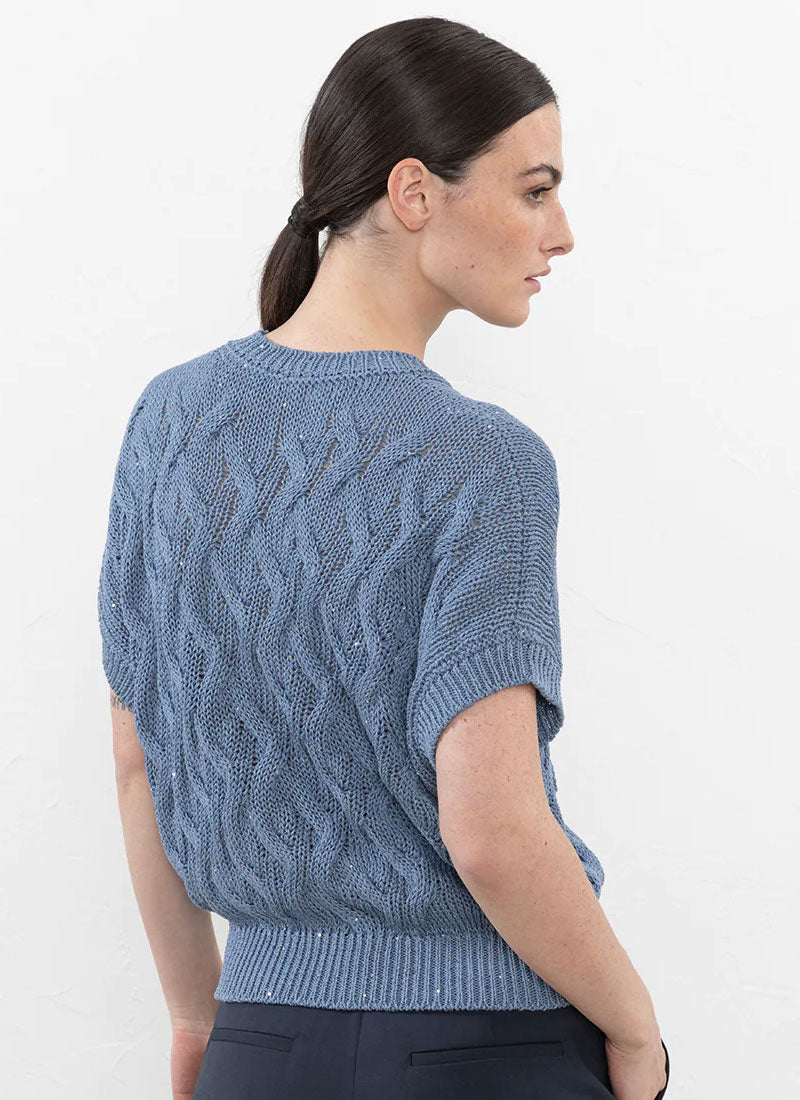 Peserico Short-Sleeve Cotton Sweater with Sequins